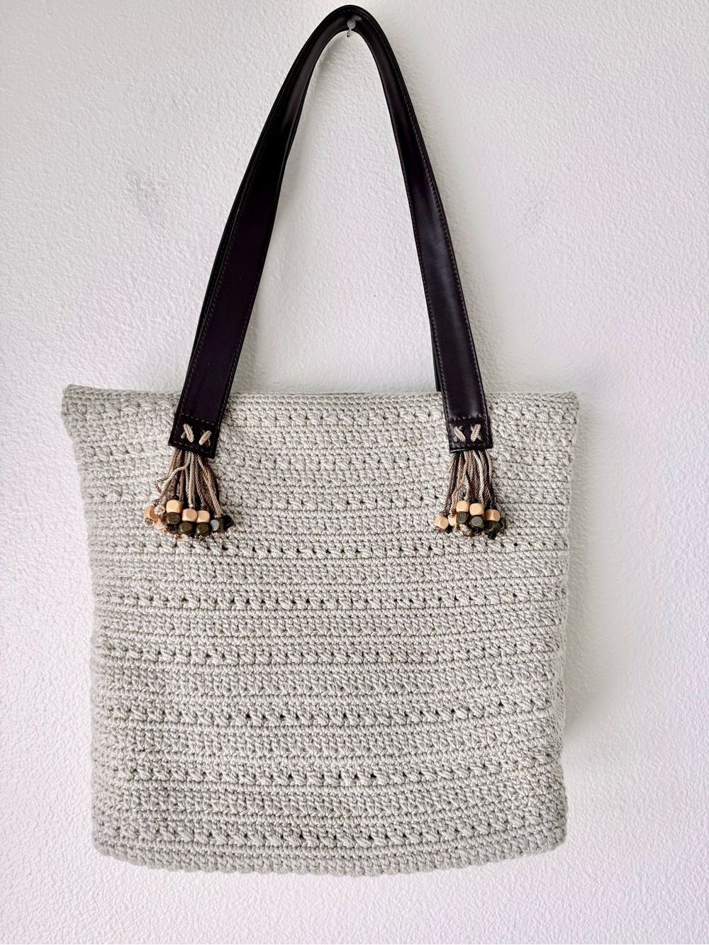 The Sak Vintage Crochet Boho Tote Bag - Cream Nylon String With Beaded Tassels - Picture 2 of 16